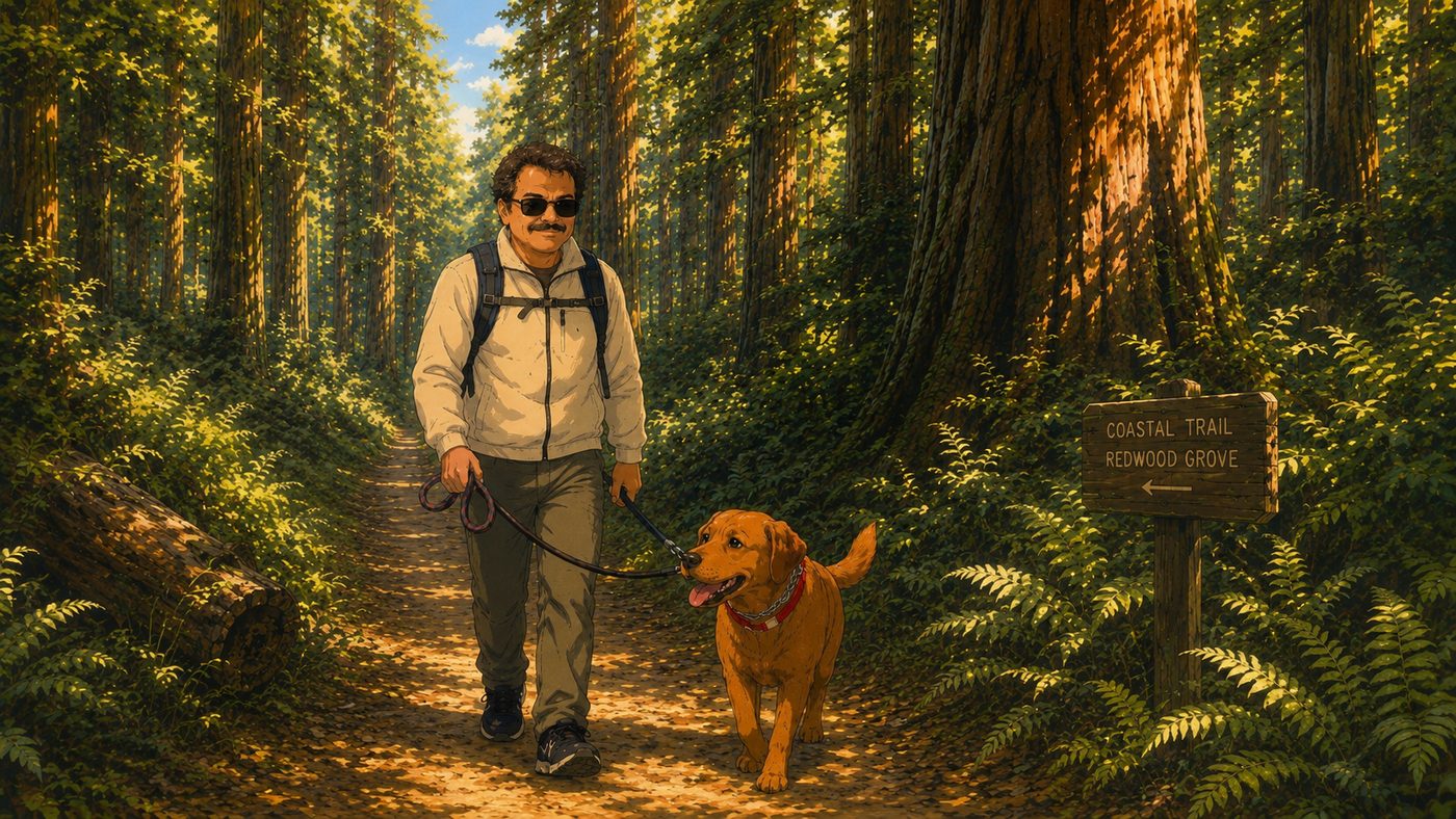 Illustration of the VideoAmericanGuru guide walking Cody the red Labrador along a sunny redwood trail