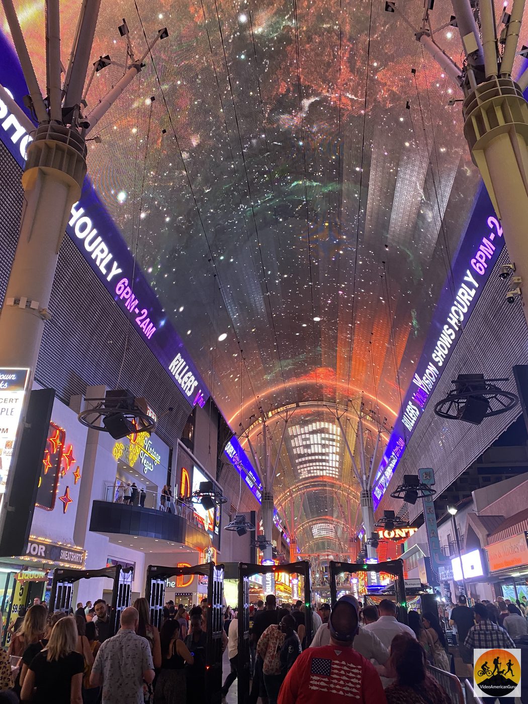 The LED canopy light show above Fremont Street with the Golden Gate casino below